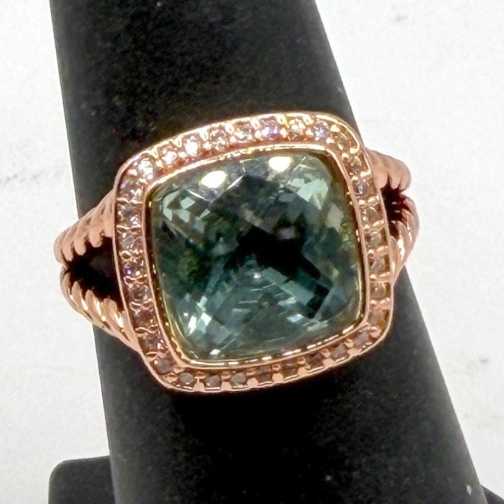 Rose Gold Aquamarine Color Statement Ring Stainless Steel Size 6.5 Halo